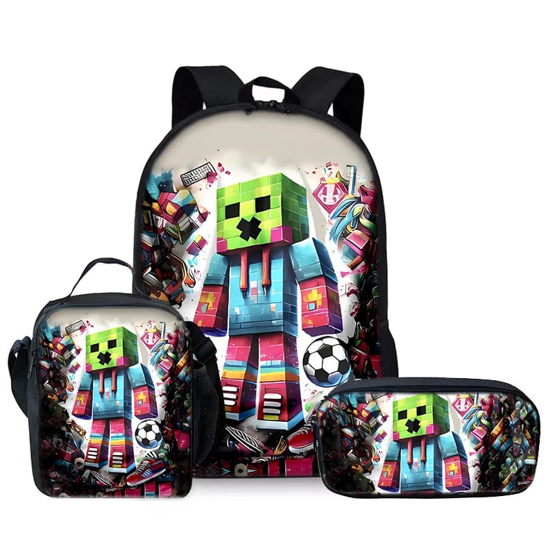Game My World Character Three Piece Backpacks Set for Boy and Girls Best Gifts 3D Cartoon School Backpack for Children